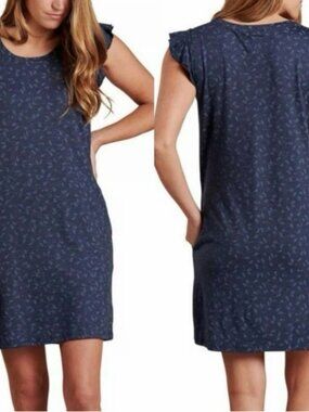 Toad&Co Navy Blue Ditsy Floral Tank Tee Ruffle Dress Organic Cotton Size Large